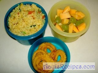 Lunchbox: Prawn pulav, fruits and chakli